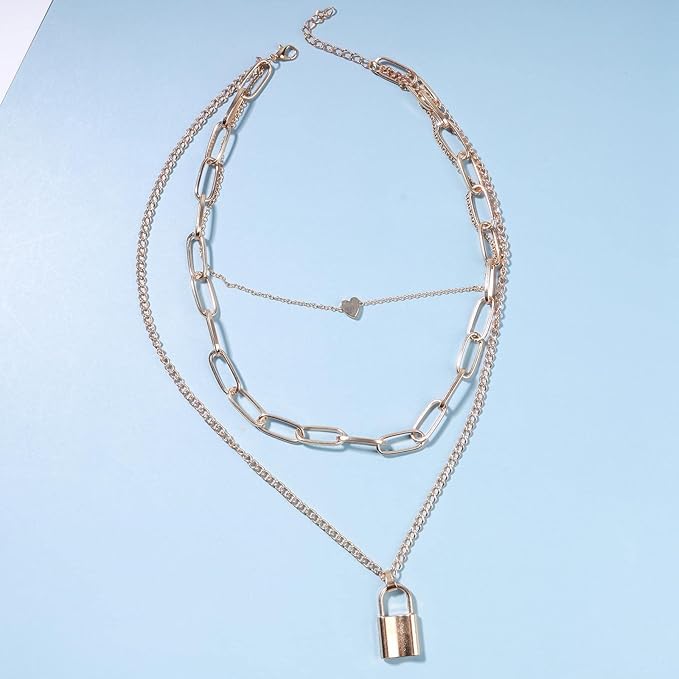 Punk Layered Heart Choker Necklace Gold Lock Pendant Necklace Chunky Paper Clip Chain Necklace Vintage Statement Necklace Chain Jewelry for Women and Girls Gift-Velvo Beauty