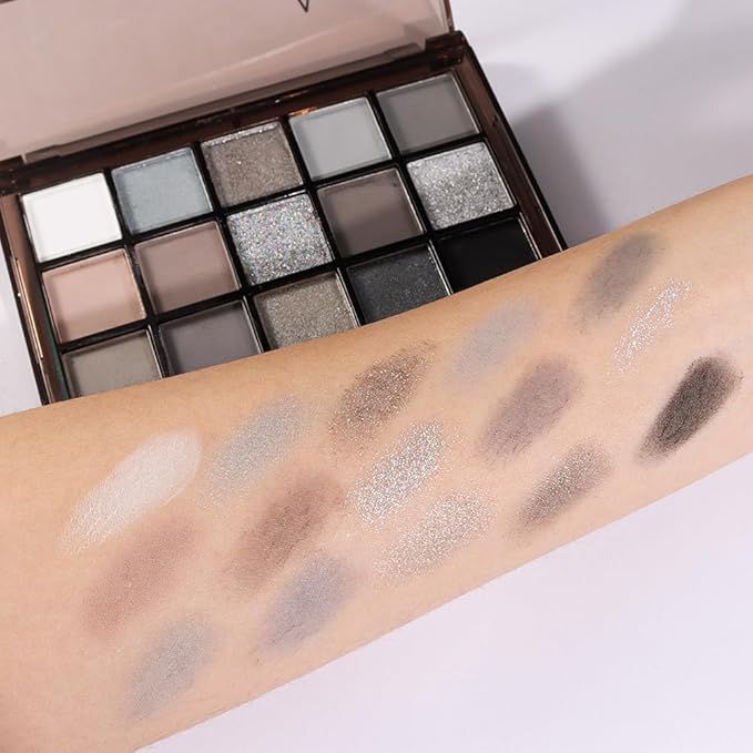 15 Colors Black Gray Silver Matte Shimmer Eyeshadow Palette for Eye Makeup,High Pigmented Brown White Eye Shadow Primers Powder Palet de sombras de ojos-Velvo Beauty
