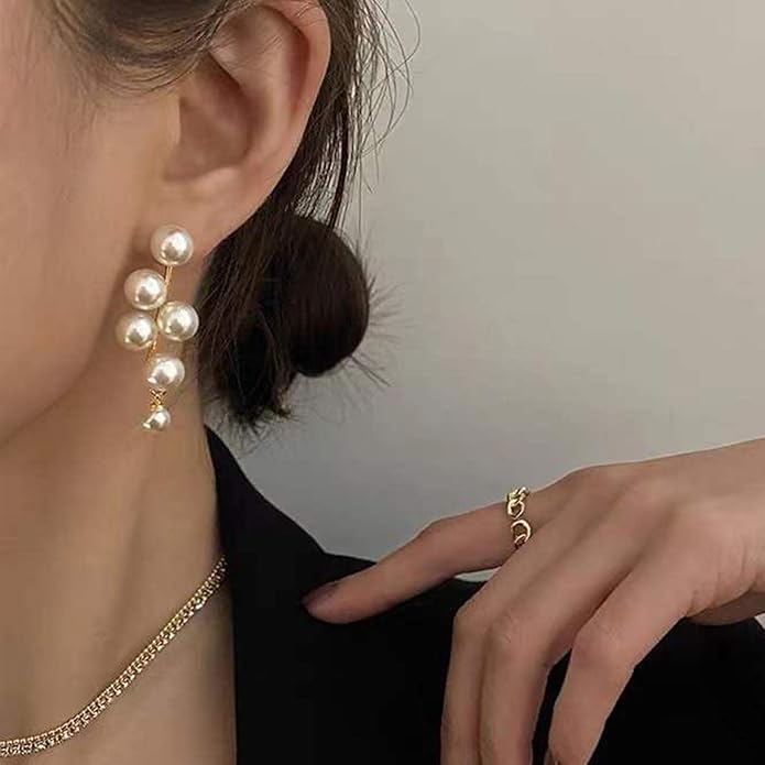 Boho Pearl Drop Earrings Long Pearl Tassel Earrings Gold Cluster Pearl Stud Earrings Bridal Pearl Earrings Wedding Earrings Jewelry for Women-Velvo Beauty