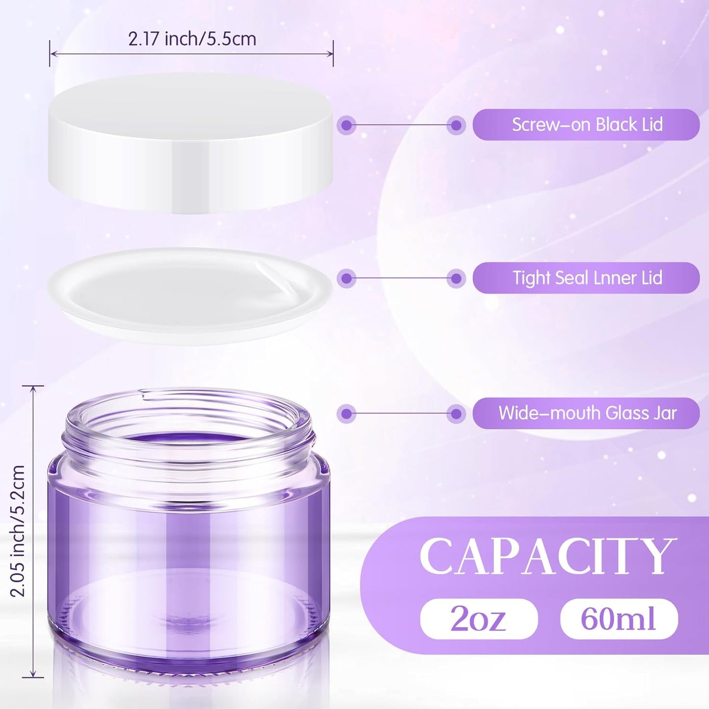Domensi 32 Pcs 2 oz Glass Jars with Lids Travel Size Round Leakproof Empty Cosmetic Jars with Inner Liners Lid for Storing Makeup Lotions Face Cream Ointments Candle DIY Making (Light Purple)-Velvo Beauty