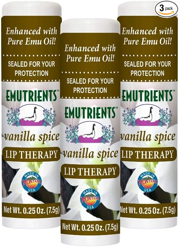 Montana Emu Ranch - Lip Therapy Lip Balm - 0.25 Ounce - Vanilla Spice Flavor - 3 Pack - Made with Pure Emu Oil-Velvo Beauty