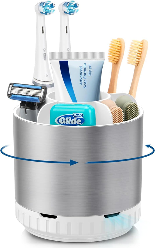 Silver Toothbrush Holders for Bathrooms Countertop Organizer - Kids Electric Toothbrush and Toothpaste Holder Rotating Tooth Brush Organization Bathroom Sink Accessories Storage Caddy-Velvo Beauty