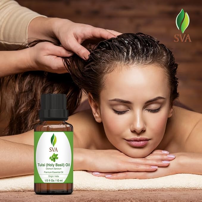 SVA Holy Tulsi Essential Oil – 1/3 Fl Oz – 100% Natural Tulsi Oil - for Diffuser, Hair Care, Face, Skin Care, Aromatherapy, Scalp and Body Massage, Soap and Candle Making-Velvo Beauty