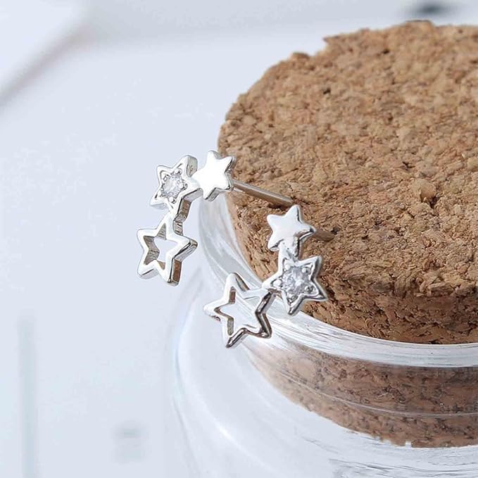 Boho Rhinestone Star Ear Climber Earrings Silver Cluster Star Earrings Minimal Crawler Earrings Vintage Studs Earrings Jewelry for Women and Girls-Velvo Beauty