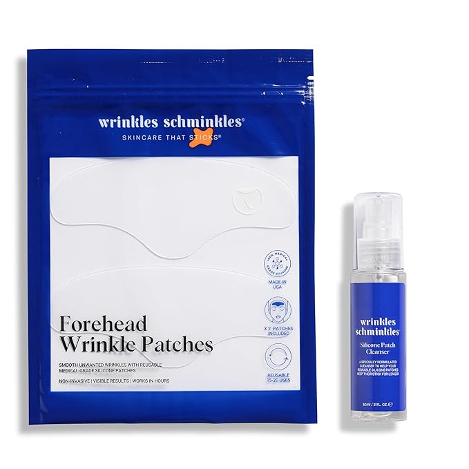 Wrinkles Schminkles Forehead Wrinkle Patches, 2-Pack, Reusable Hypoallergenic Silicone Smoothing Pads + Silicone Patch Cleanser 2 oz, Clean Silicone Patches Without Breaking Down The Adhesive-Velvo Beauty