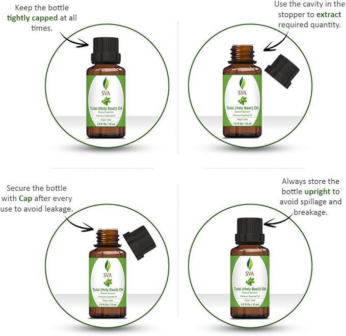SVA Holy Tulsi Essential Oil – 1/3 Fl Oz – 100% Natural Tulsi Oil - for Diffuser, Hair Care, Face, Skin Care, Aromatherapy, Scalp and Body Massage, Soap and Candle Making-Velvo Beauty
