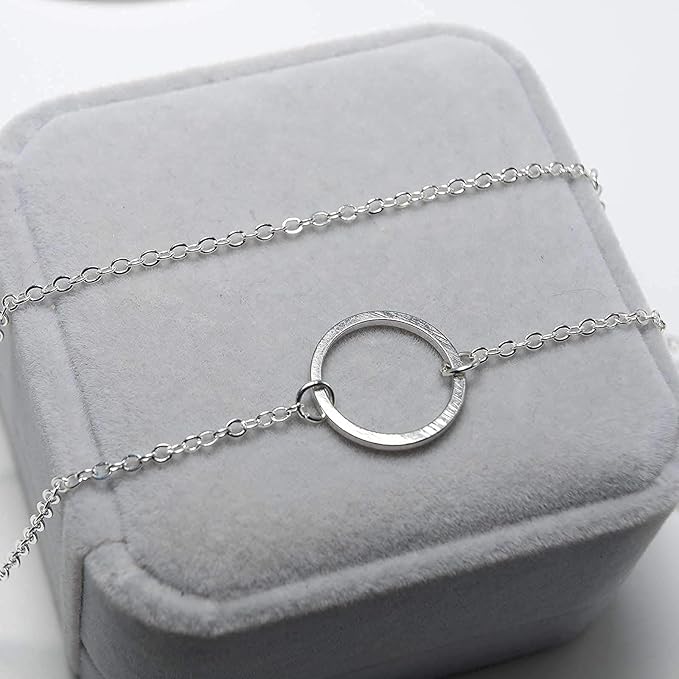 Vertical Bar Circle Necklace Silver Circle Pendant Necklace Boho Long Necklaces Chain Minimalist Geometric Ring Necklace Jewelry for Women and Girls-Velvo Beauty