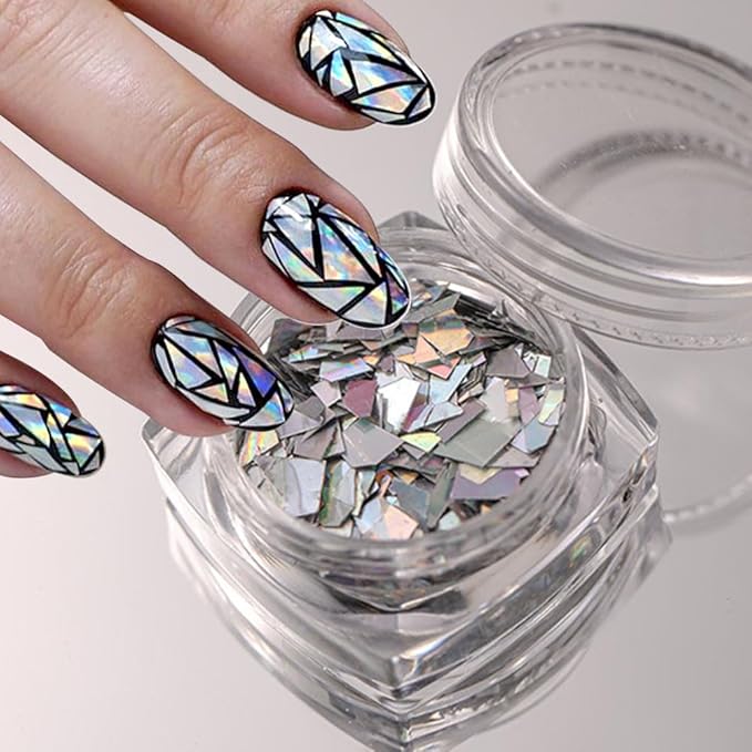Aurora Laser Silver Glitter for Nails Sparkly Irregular Chunky Glitter Sequin Nail Charms for Nails Design Nail Glitter Flakes Holographic Iridescent Glitter Nail Sequins for Crafts Nail Art Supplies-Velvo Beauty