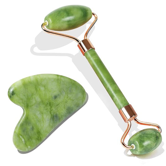 BAIMEI Jade Roller & Gua Sha, Face Roller, Facial Beauty Roller Skin Care Tools, Self Care Gift for Men Women, Massager for Face, Eyes, Neck, Relieve Fine Lines and Wrinkles - Green-Velvo Beauty
