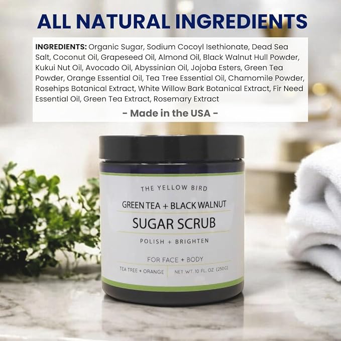 Natural Green Tea Sugar Scrub. Face, Body, and Foot Exfoliator. Helps with Moisturizing, Acne, Celluite, Wrinkles, and Exfoliating Dead Skin.-Velvo Beauty