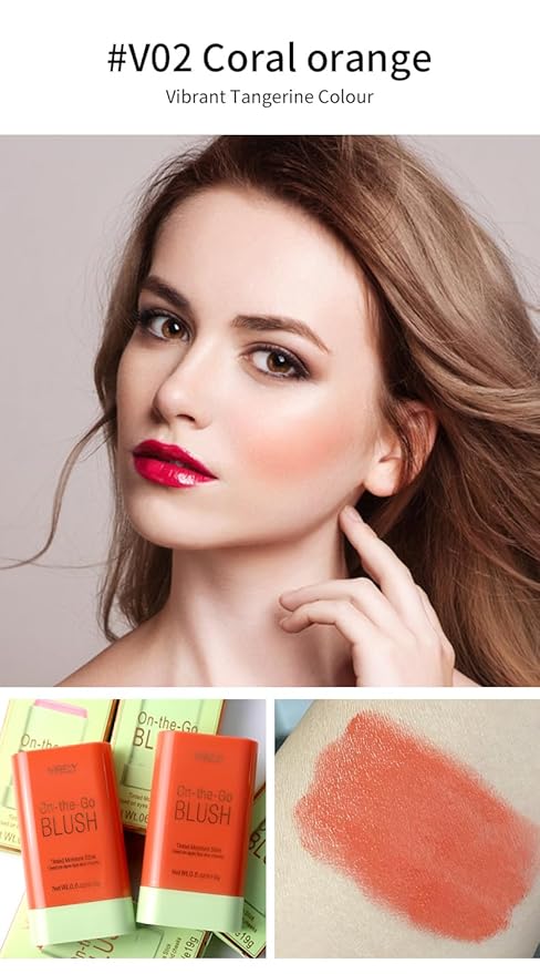 Multi-Use Makeup Blush Stick, Cream Blush Stick, Tinted Solid Moisturizer Stick for Cheek & Eyes & Lips, Waterproof Natural Nude Makeup, Suitable for All Skin (3#Coral Orange)-Velvo Beauty