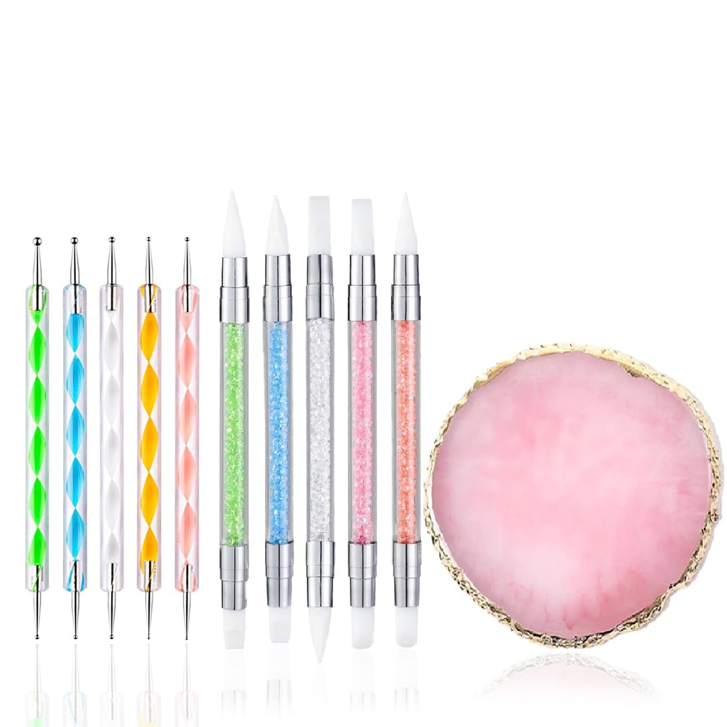 Nail Art Design 11PCS Kits - Resin Nail Art Palette, 5Pcs Nail Art Sculpture Pen Dual Tipped Silicone Nail Tools, 5Pcs Double Ended Nail Dotting Pens-Velvo Beauty