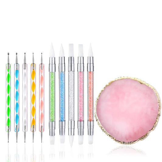 Nail Art Design 11PCS Kits - Resin Nail Art Palette, 5Pcs Nail Art Sculpture Pen Dual Tipped Silicone Nail Tools, 5Pcs Double Ended Nail Dotting Pens-Velvo Beauty