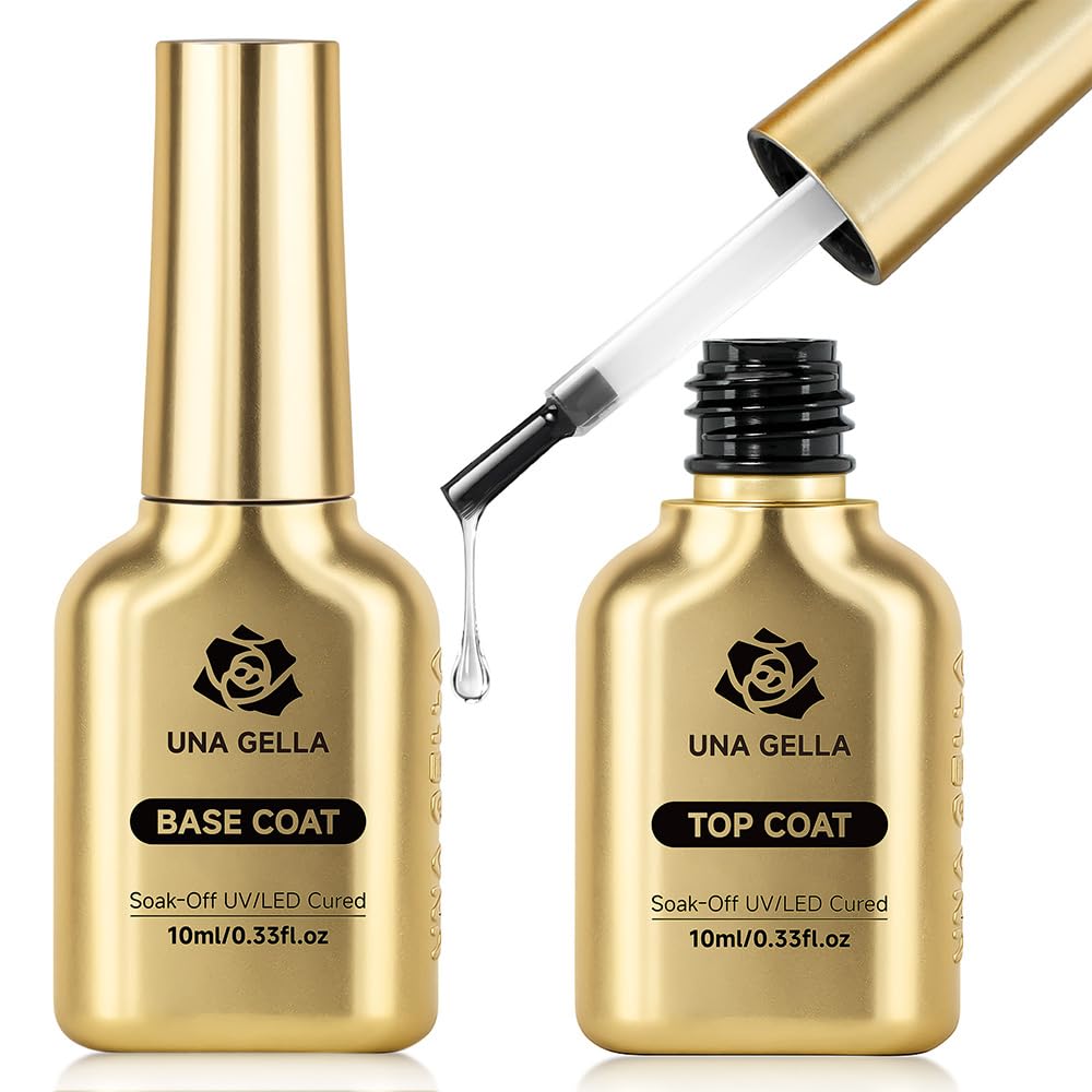 UNA GELLA No Wipe 2PCS Gel Top Coat Base Coat Set, Highly Glossy Top Coat Gel Nail Polish Strengthen and Acid-Free Clear Nail Base Soak Off, Key to Manicure for Her (U V Cure Need)-Velvo Beauty