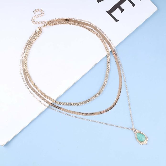 Vintage Layered Turquoise Necklace Turquoise Pendant Necklace Blue Stone Bead Choker Necklace Gold Snake Herringbone Chain Necklace Jewelry for Women-Velvo Beauty