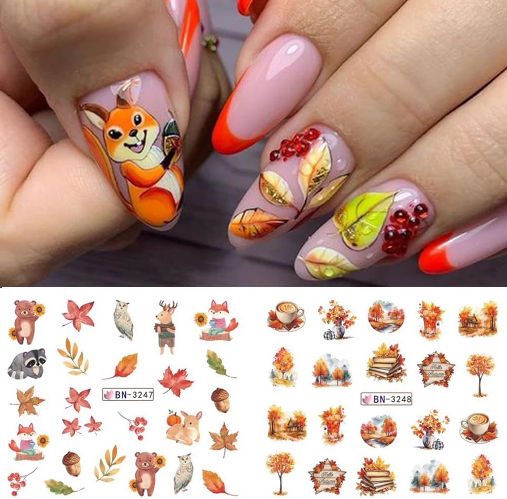 Fall Thanksgiving Nail Art Stickers Decals Autumn Maple Leaf Water Transfer Nail Foils Supplies Fall Pumpkin Squirrel Fox Mushroom Designer Nail Decals for Nail Art Thanksgiving Nail Art Decoration-Velvo Beauty