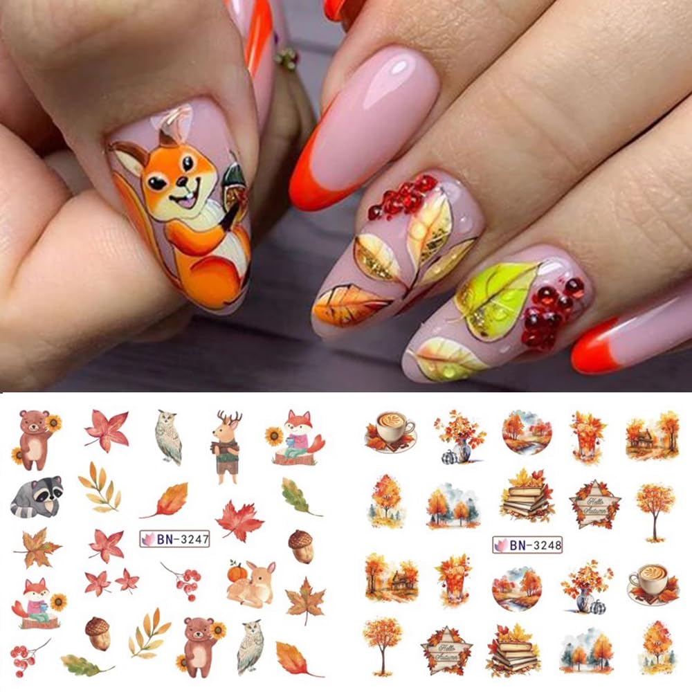 Fall Maple Leaf Nail Art Stickers for Thanksgiving Day Accessories - Autumn Water Transfer Decals With Fall Harvest Pumpkin Squirrel Bird Watermark Slider Foils for Women-Velvo Beauty