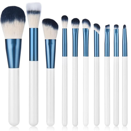 Makeup Brushes Set With Case 10Pcs White Makeup Brush Kit Foundation Eyeshadow Powder Blending Kabuki Eyebrow Eyelash Brushes Cosmetic Brush Travel Kit Gift (White+Blue)-Velvo Beauty