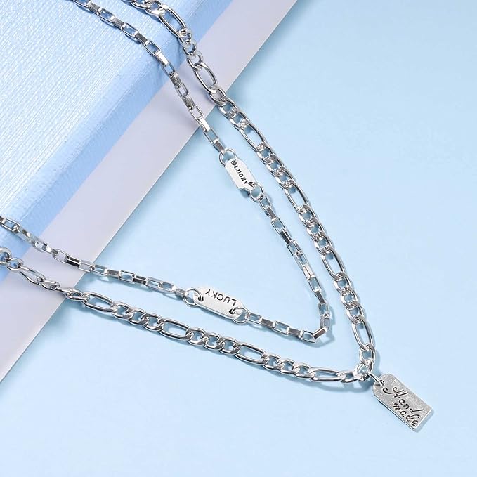 Boho Layered Silver Bar Necklace Choker Figaro Chain Necklace Vintage Layering Link Chain Necklace Geometric Necklace Jewelry for Women and Girls-Velvo Beauty