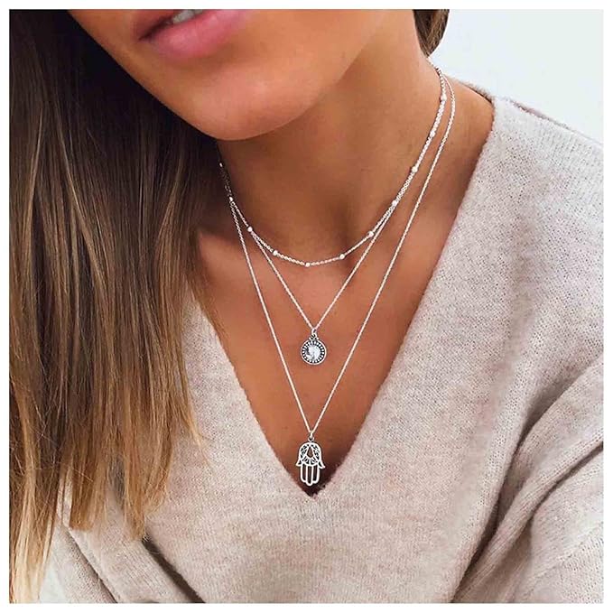 Boho Layered Opal Moonstone Necklace Silver Hamsa Pendant Necklace Futian Hand Necklace Chain Opalite Gem Necklace Jewelry for Women and Girls-Velvo Beauty