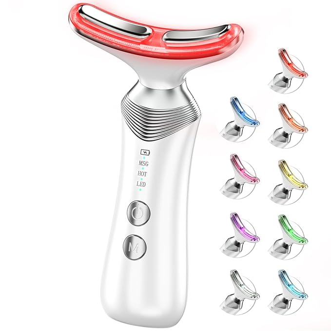 9-in-1 Red-Light-Therapy-for-Face-and-Neck, Portable Facial Massager Tool with Adjustable Vibration & Thermals for Wrinkles, Double Chin, White-Velvo Beauty