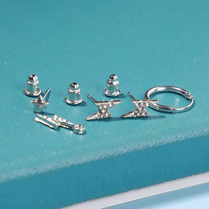 Bohemia Crystal Thunder Hoop Earrings Cz Lighting Bolt Studs Earrings Silver Lighting Drop Earrings Multiple Piecing Dot Earrings for Women and Girls-Velvo Beauty