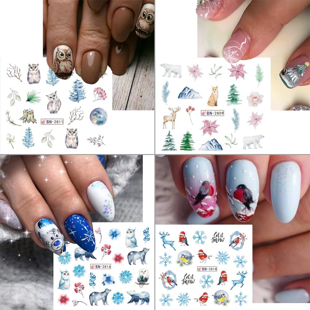 12 Sheets Snowflake Nail Art Stickers Water Transfer Nail Decals Christmas Nail Art Decorations Blue Snowflake Elk Santa Tree Bear Cute Winter Pattern Watermark Nail Stickers for Women DIY Nail Supply-Velvo Beauty