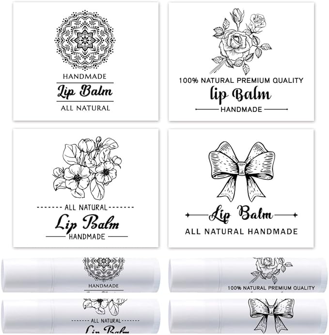 OLYCRAFT 100Pcs Self-Adhesive Lip Balm Tag Stickers 1.7x2.1 inch Adhesive Label with 4 Styles Patterns Rectangle Lipstick Tag Sticker for Lip Balm Container Tubes Lipstick Wrapping Decoration-Velvo Beauty