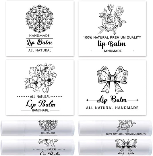 OLYCRAFT 100Pcs Self-Adhesive Lip Balm Tag Stickers 1.7x2.1 inch Adhesive Label with 4 Styles Patterns Rectangle Lipstick Tag Sticker for Lip Balm Container Tubes Lipstick Wrapping Decoration-Velvo Beauty