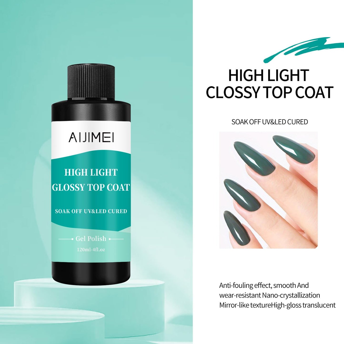 AIJIMEI 120ml High Shine Glossy Top Coat for Nails Long Lasting, Smooth TopCoat, High Light Glossy Top Coat for DIY Nail Art Use Enhance Your Manicure with Brilliant Reflection 4 Fl Oz-Velvo Beauty
