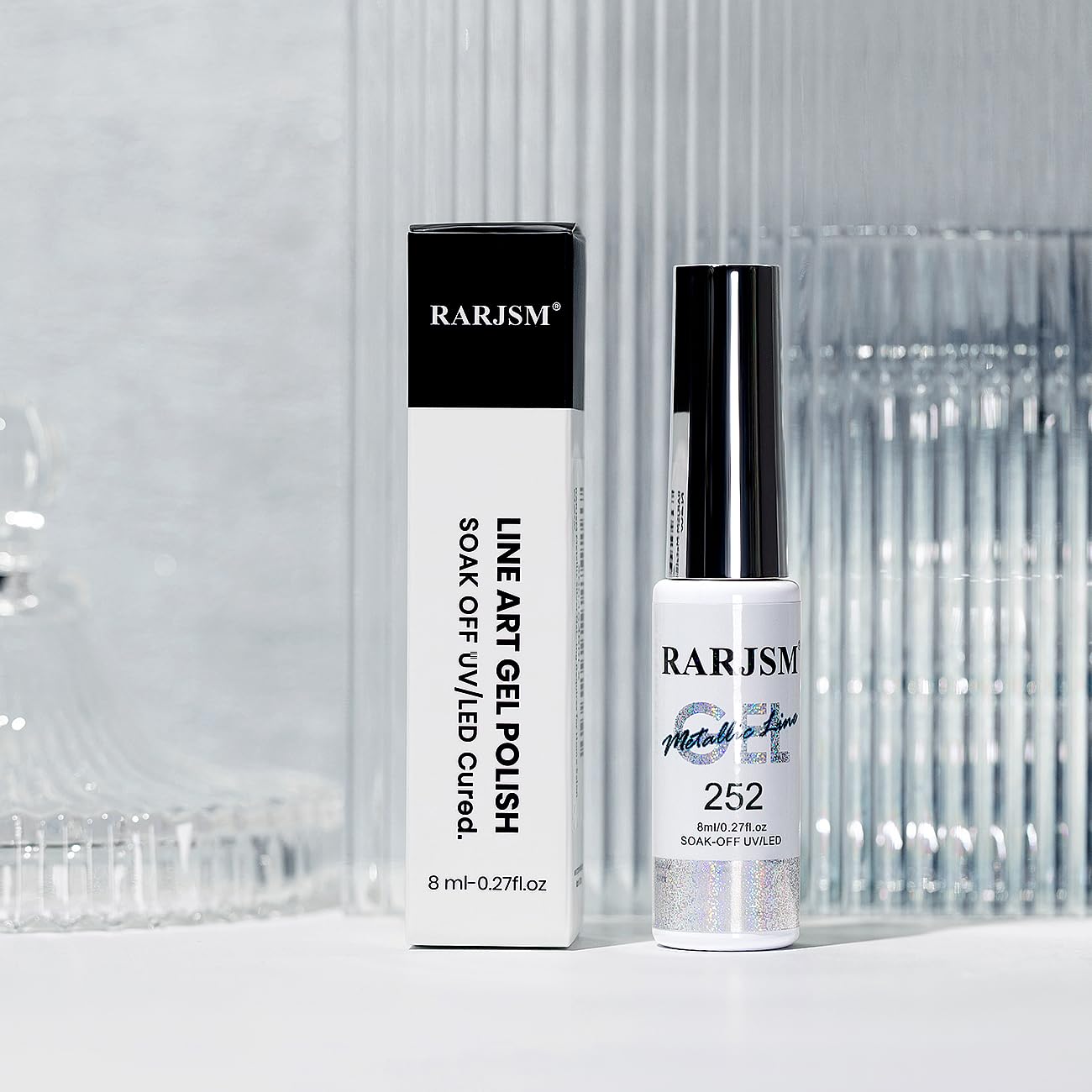 RARJSM Metallic Silver Nail Art Gel Liner Mirror Chrome 3D Holographic Laser Rainbow Effect Gel Nail Polish 8ml Build in Thin Brush Painted Drawing Striper Painting Curing Requires for Home Salon-Velvo Beauty