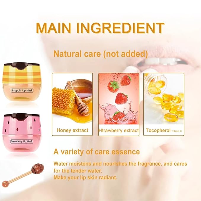 4 PCS Bee Lip Mask Balm Honey Pot, Strawberry & Honey Lip Masks Hydrating Prevention Dry and Cracked Lip Scrubs Exfoliator, Lip Exfoliating Sleeping Lip Mask, Moisturizing Lip Reduces Lip Lines-Velvo Beauty