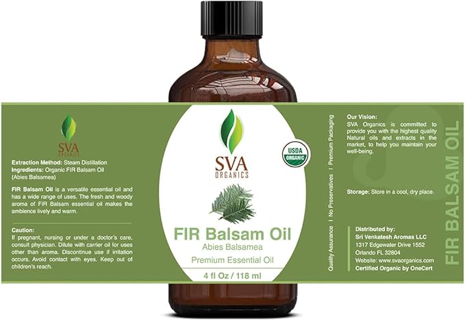 SVA Fir Balsam Essential Oil Organic – 4 Fl Oz – 100% Natural Organic Fir Oil - for Diffuser, Hair Care, Face, Skin Care, Aromatherapy, Scalp and Body Massage, Soap and Candle Making – with Dropper-Velvo Beauty