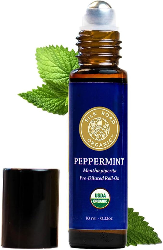 Silk Road Organic Peppermint Essential Oil Roll On, Mentha Piperita, 100% Pure USDA Certified Aromatherapy - Headache, Morning Sickness, Nausea, Energy & Hair - 10 ml Roller-Velvo Beauty