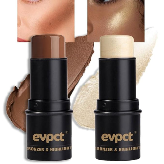 evpct 2Pcs Face Cream Contour Bronzer Sticks Makeup Highlighter Highlight Dark Brown Gold Creme Cheek Contour Sticks contorno en crema Bronzing Foundation Face Contour Stick Kit, 11+12 New Neutral-Velvo Beauty