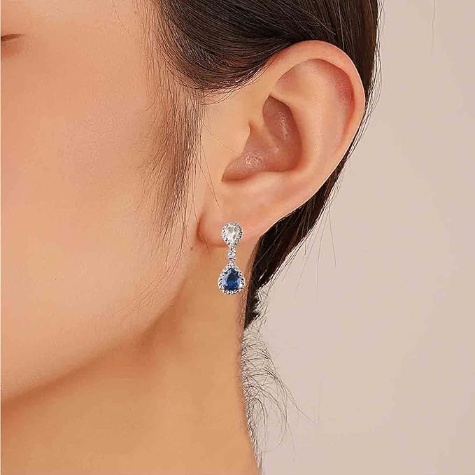 Vintage Sapphire Drop Earrings Oval Sapphire Crystal Earrings Silver Teardrop Rhinestone Stud Earrings Blue Crystal Wedding Earrings Jewelry for Women and Girls Gifts-Velvo Beauty