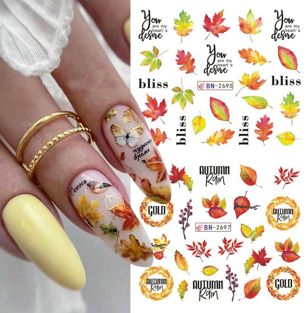 Fall Thanksgiving Nail Art Stickers Decals, 12 Sheets Maple Leaf Design Water Transfer Nail Decals Autumn Thanksgiving Nail Art Decoration Abstract Leaves Ginkgo Slider Nail Foils for Women DIY Supply-Velvo Beauty