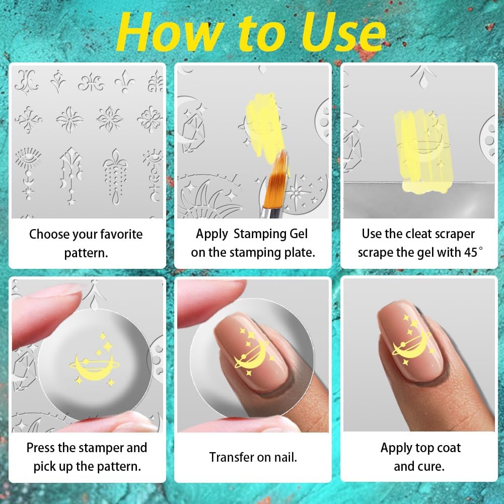 3Pcs Moon Nail Stamping Plate Set Star Sun Meteors Bohemia Stainless Steel Nail Stamp Templates Clear Silicone Nails Stamping with Stamper Scraper for Manicure Printing-Velvo Beauty