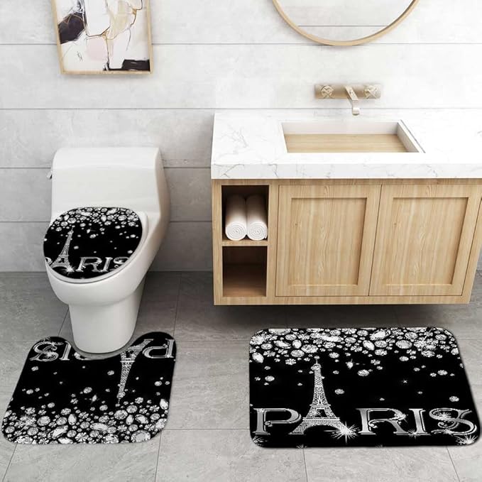 4PCS Eiffel Tower Shower Curtain Set, Luxury Jewelry Rhinestone Bling Diamond Paris Bathroom Decor, Waterproof Fabric Black Shower Curtain, Non-slip Bath Mat Toilet Lid Cover Bathroom Rugs-Velvo Beauty