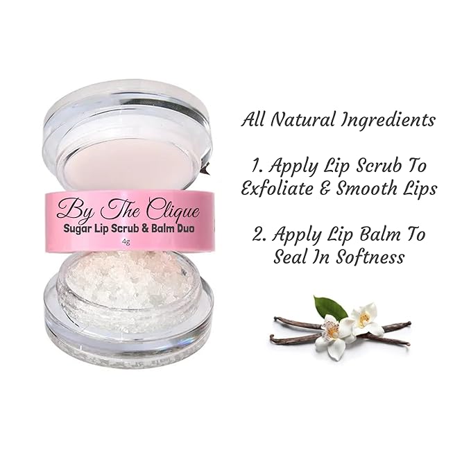 Premium 2 in Exfoliating Sugar Lip Scrub and Smoothing Safflower Oil Infused Lip Balm Duo | All Natural Ingredients | Vegan, Gluten Free and Cruelty Free | Vanilla Sugar-Velvo Beauty