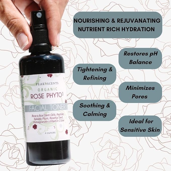 Organic Phyto³ Rose Water Facial Toner Spray - Pure Rosewater for Face, with Acaí and Herbal Extracts - Eco-Friendly and Vegan - Hydrating Rose Water Organic Face Spray (4 oz)-Velvo Beauty
