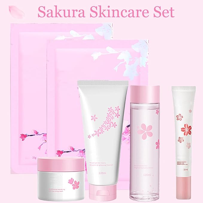 6Pcs Amino Acid Skin Care Products Set, Sakura Skin Care Sets, Nicotinamide Skin Care Gift Set for Women Girls, Skincare Routine Set, Face Care Kit with Cleanser, Mask, Toner, Eye Cream, Moisturizer-Velvo Beauty