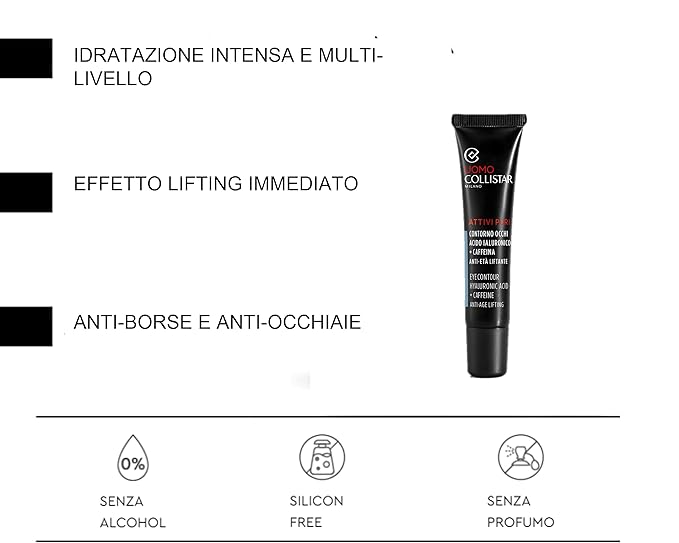 Collistar Uomo Attivi Puri Contorno Occhi Acido Ialuronico + Caffeina Anti-età Liftante, Eye Contour Hyaluronic Acid 15 ml, 0.5 Fl Oz Made in Italy [italian import]-Velvo Beauty