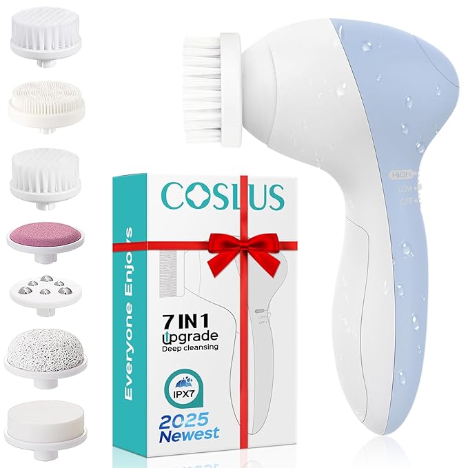 COSLUS Facial Cleansing Brush Silicone Face Scrubber: 7 in 1 FBS-D Electric Exfoliating Rotating Massage Device Waterproof Deep Cleaning Exfoliation Spa Machine - Electronic Skin Care Wash System-Velvo Beauty