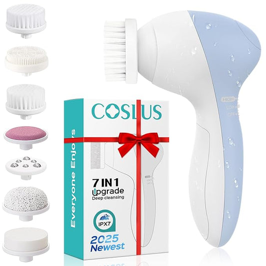 COSLUS Facial Cleansing Brush Silicone Face Scrubber: 7 in 1 FBS-D Electric Exfoliating Rotating Massage Device Waterproof Deep Cleaning Exfoliation Spa Machine - Electronic Skin Care Wash System-Velvo Beauty