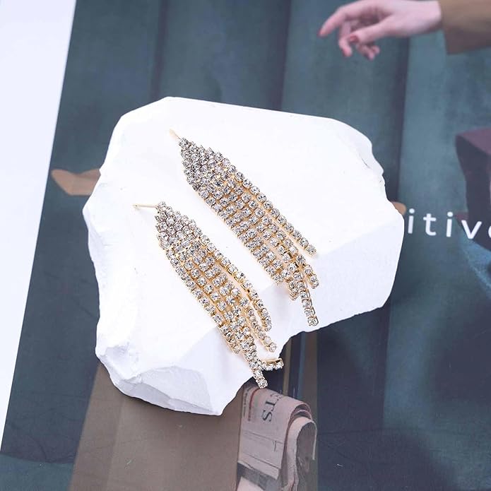 Vintage Rhinestone Chandelier Tassel Earrings Crystal Chain Drop Earrings Gold Long Tennis Chain Earrings Shine Chandelier Bridal Earrings Jewelry for Women-Velvo Beauty
