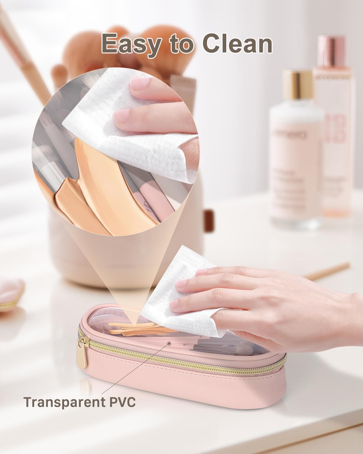 Clear Travel Makeup Brush Holder, Leather Makeup Brush Toiletry Bag, Portable Cosmetic Brush Case, Transparent Waterproof Makeup Brush Storage Bag, Pink-Velvo Beauty