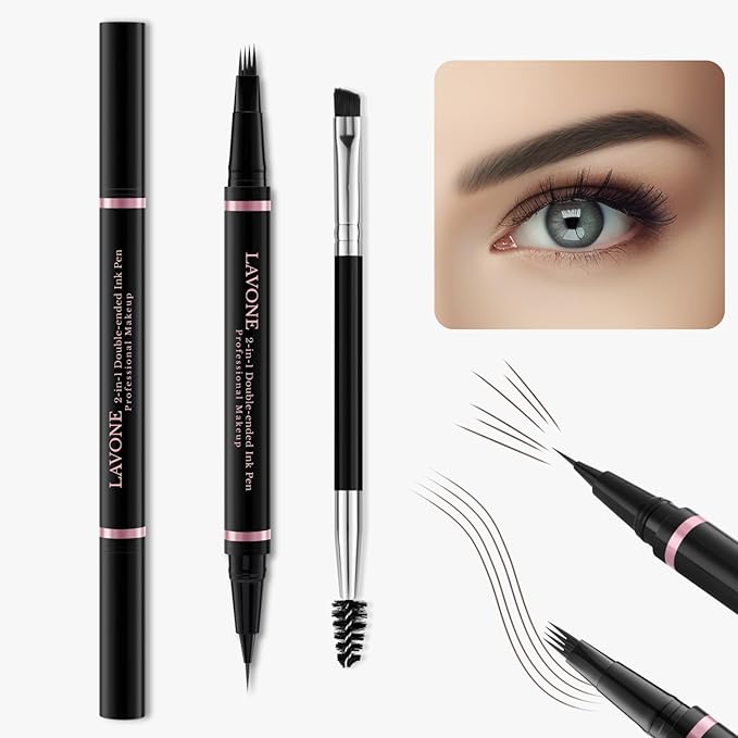 LAVONE Eyebrow Pencil Makeup Kit, with Waterproof 2-IN-1 Microblading Eyebrow Pen, Eyebrow Pomade, Eyeliner and Dual-ended Eyebrow Brush, Brow Pencil Kit for Natural Eyebrows - Black Brown-Velvo Beauty