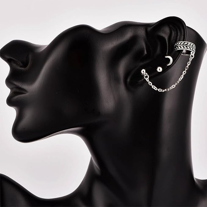 Bohemia Moon Cuff Chain Earrings Silver Chain Climber Dangle Earrings Tassel Chain Cartilage Earrings Chain Drop Dangle Earrings Set for Women and Girls-Velvo Beauty