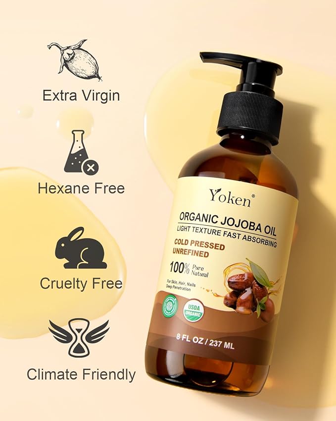 Yoken Organic Jojoba Oil Glass Bottle 8 fl oz, USDA Certified 100% Pure & Natural Jojoba Oil for Hair, Skin & Face, Cold Pressed Unrefined Hexane Free, Deeply Moisturizing Body Serum Oils for Gua Sha-Velvo Beauty
